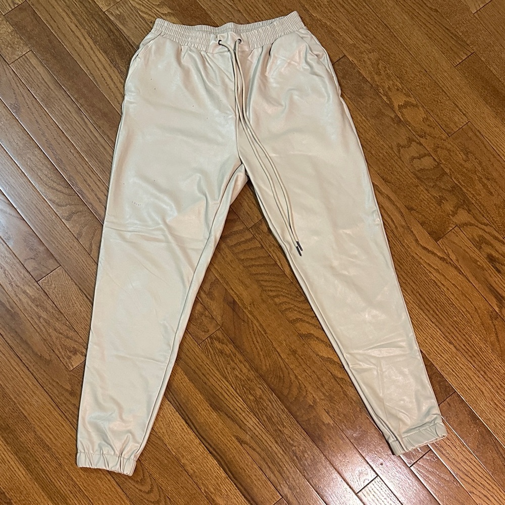 Beige leather Jogger Pants